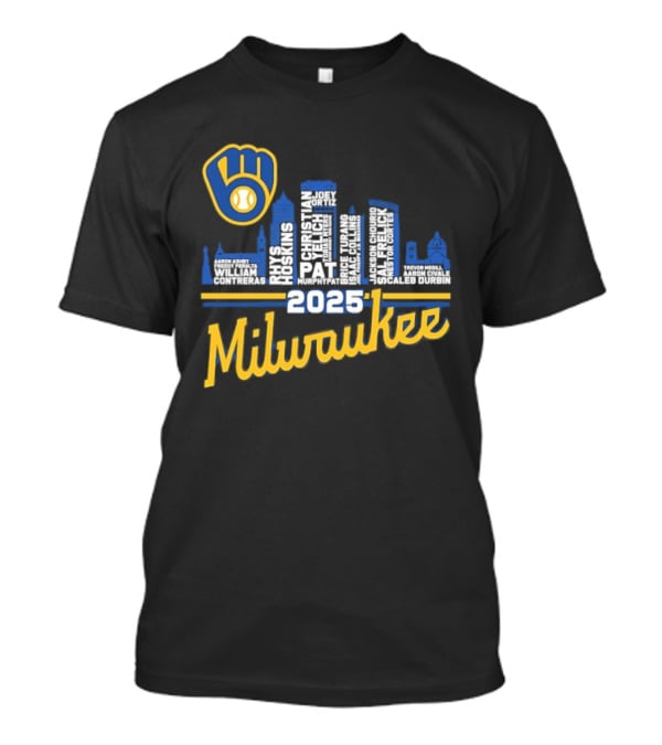 Milwaukee Brewers 2025 City Skyline Baseball Players Names T-Shirt