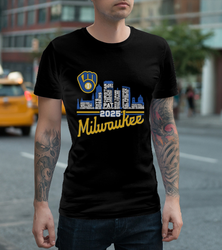 Milwaukee Brewers 2025 City Skyline Baseball Players Names T-Shirt