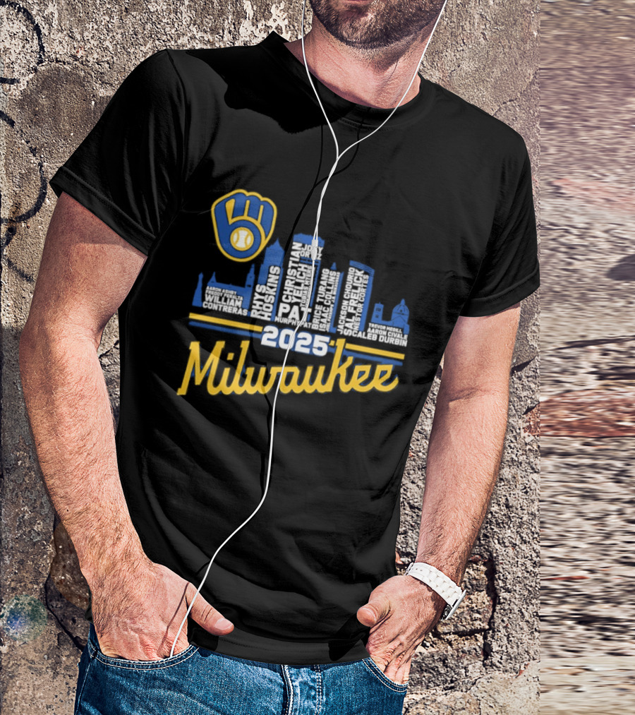 Milwaukee Brewers 2025 City Skyline Baseball Players Names T-Shirt