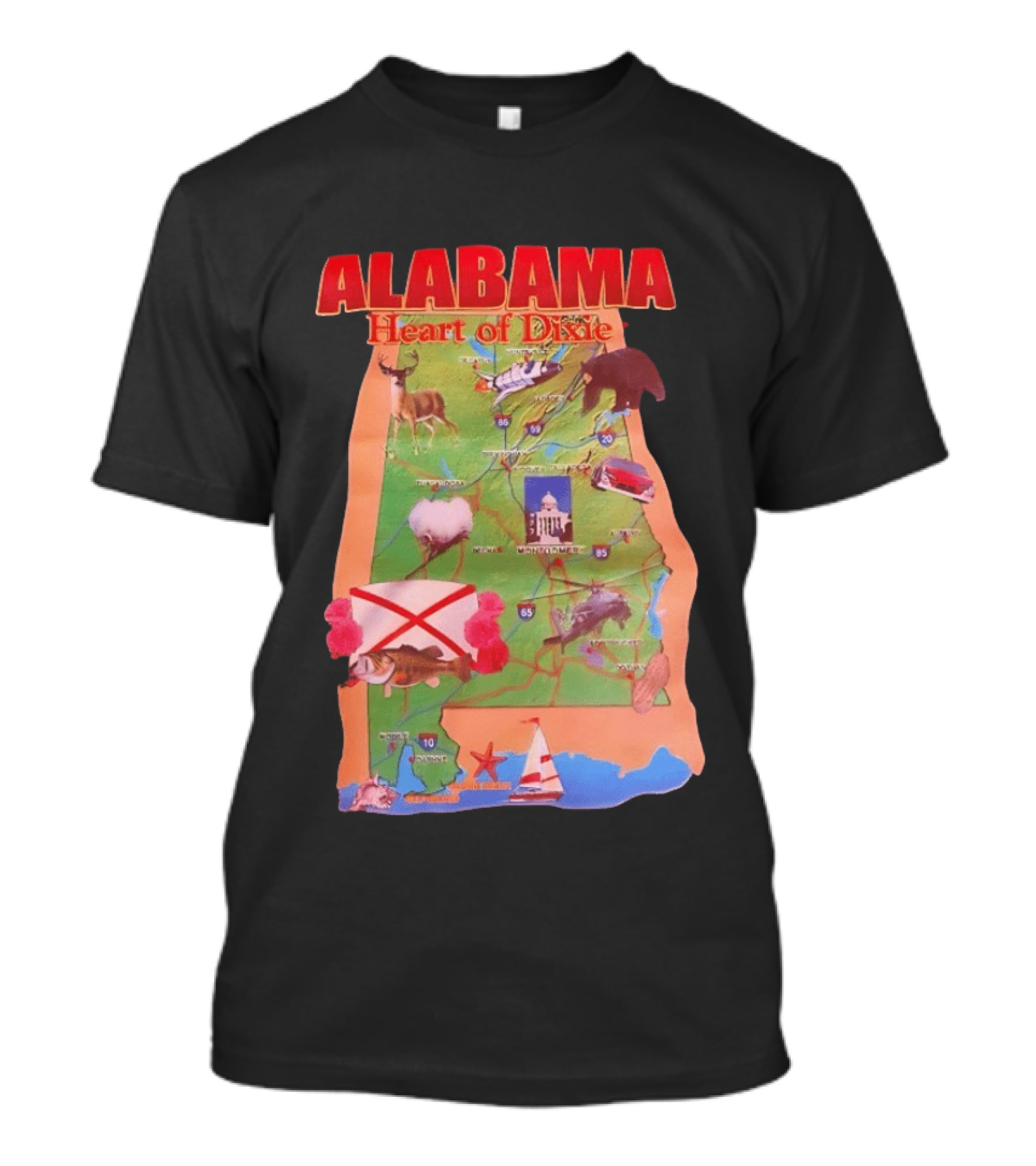 Alabama Heart Of Dixie Map Landmarks And Wildlife T-Shirt