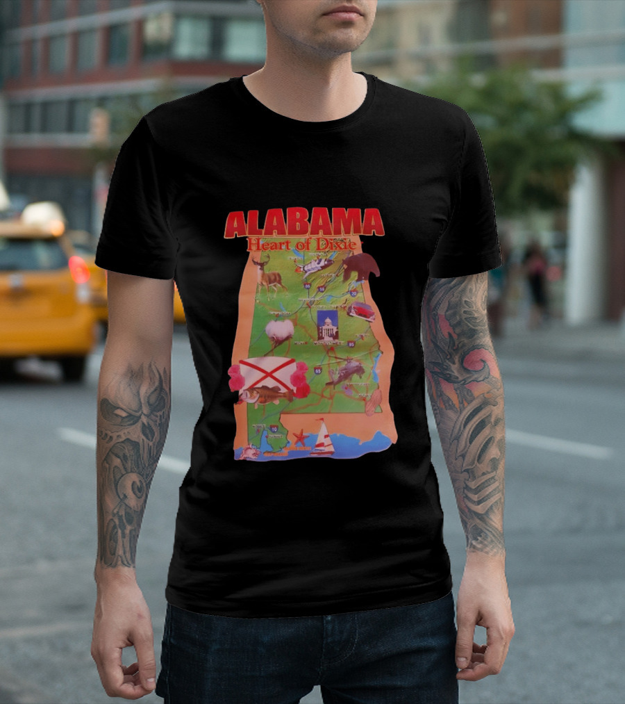 Alabama Heart Of Dixie Map Landmarks And Wildlife T-Shirt