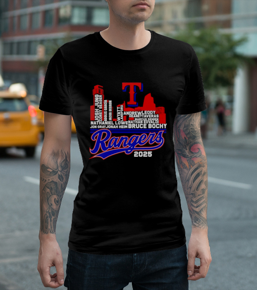Texas Rangers 2025 City Skyline Players Names Bruce Bochy T-Shirt
