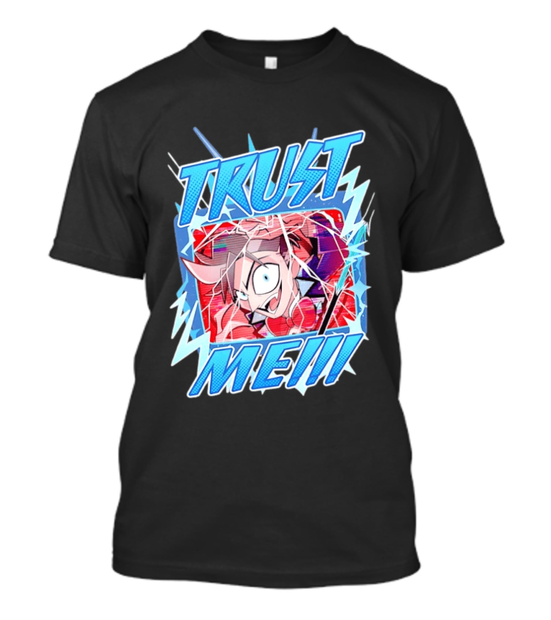 Hazbin Hotel Trust Me Cartoon Expression Blue Lightning T-Shirt