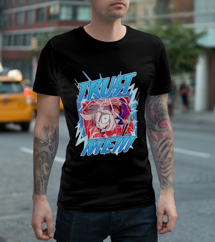 Hazbin Hotel Trust Me Cartoon Expression Blue Lightning T-Shirt