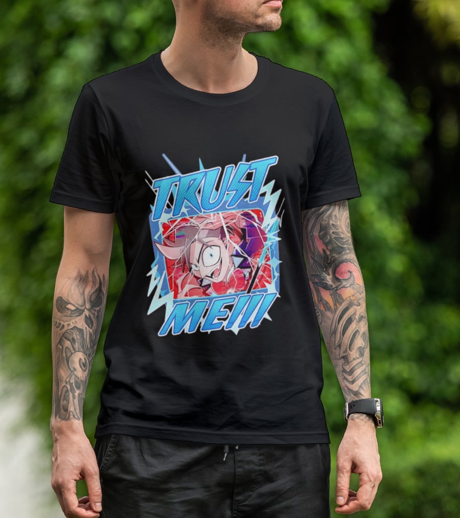 Hazbin Hotel Trust Me Cartoon Expression Blue Lightning T-Shirt