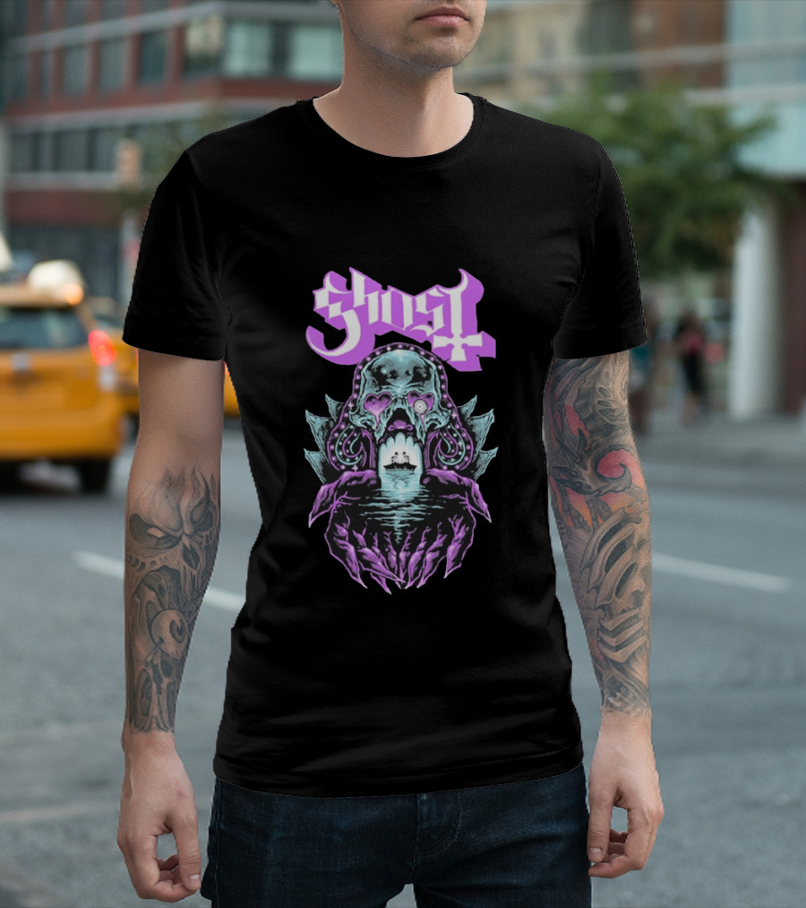 Ghost Tunnel Love Skull With Purple Heart Eyes And Ship T-Shirt