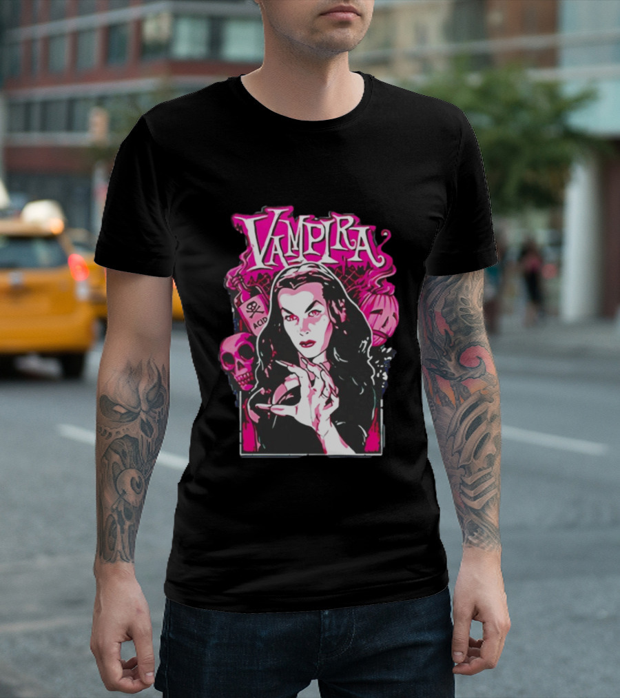 Vampira Gothic Skull And Acid Horror Iconic Midnight Ramble T-Shirt