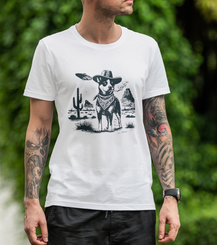 Australian Cattle Dog Smoking With UFO And Western Cowboy Desert Scene T-Shirt