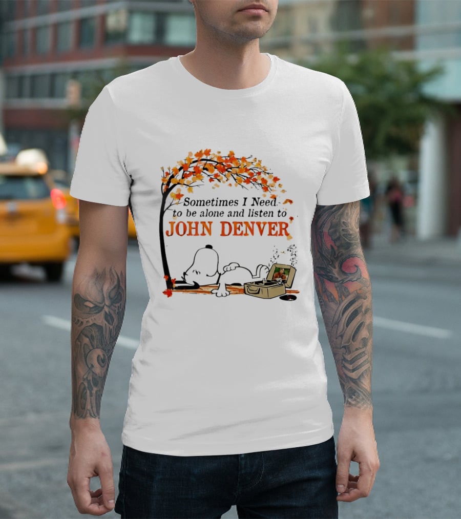 Peanuts Snoopy Sometimes I Need To Be Alone And Listen To John Denver Autumn Tree Scene T-Shirt