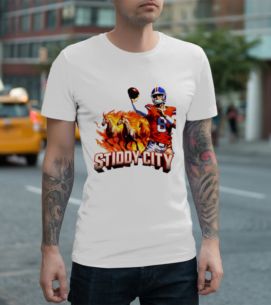 Denver Broncos Stiddy City Quarterback And Horses In Flames T-Shirt