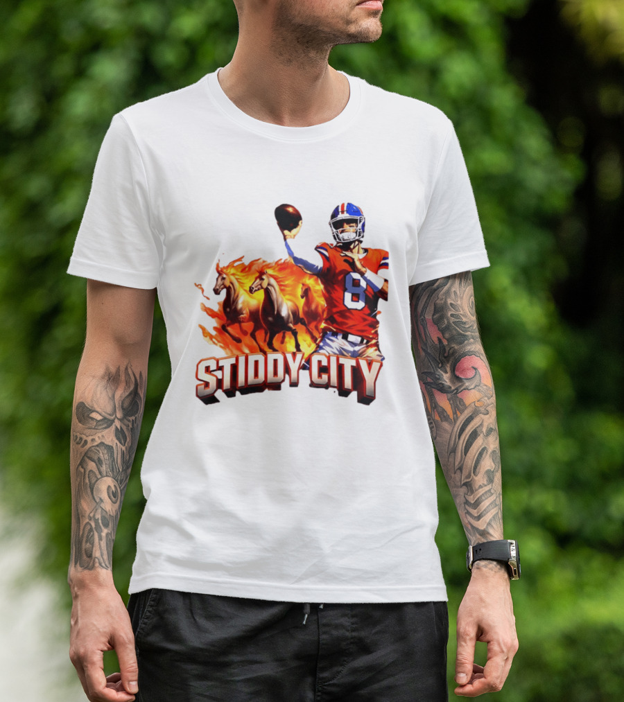Denver Broncos Stiddy City Quarterback And Horses In Flames T-Shirt