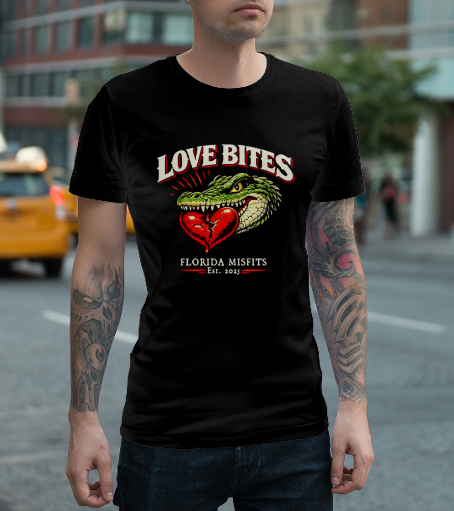 Love Bites Crocodile Broken Heart Florida Misfits Est 2025 T-Shirt