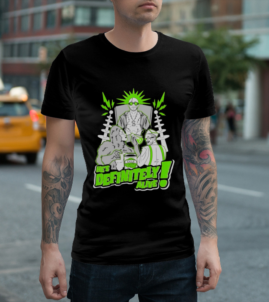 He's Definitely Alive Exile Bright Green Highlights Gorilla And Scientist T-Shirt