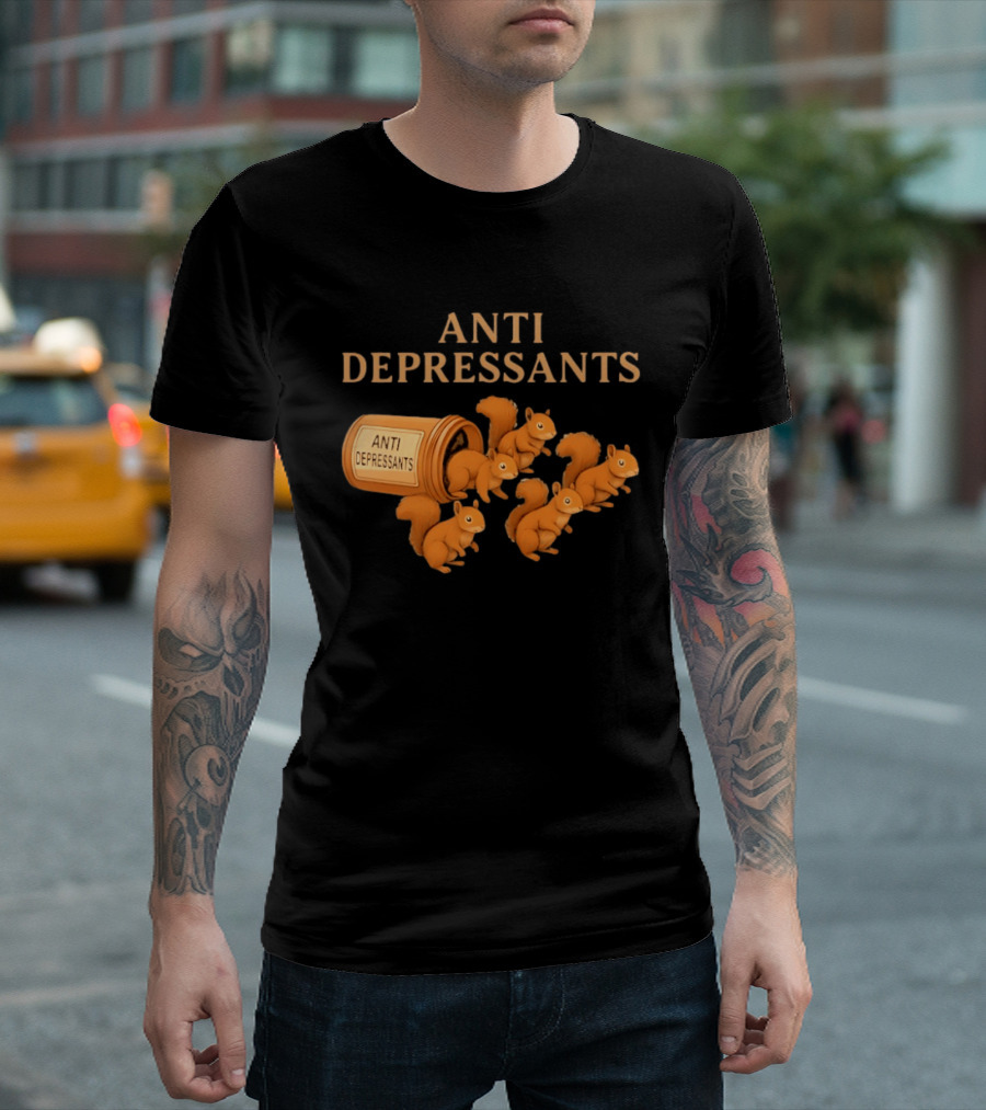 Squirrel Anti Depressants Funny Squirrels In Bottle T-Shirt
