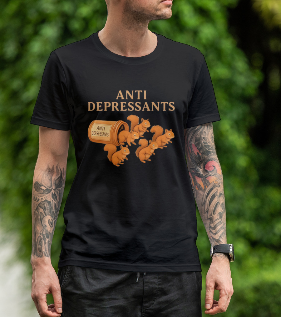 Squirrel Anti Depressants Funny Squirrels In Bottle T-Shirt