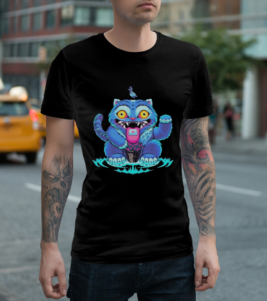 Lucky Derpy Cheshire Cat Maneki Neko Fusion Vibrant Blue T-Shirt
