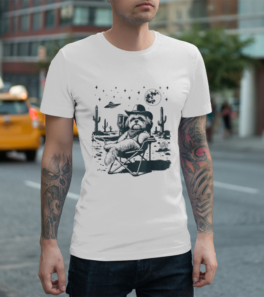 Shih Tzu Cowboys UFO Western Desert Scene Cactus Moon Stars T-Shirt