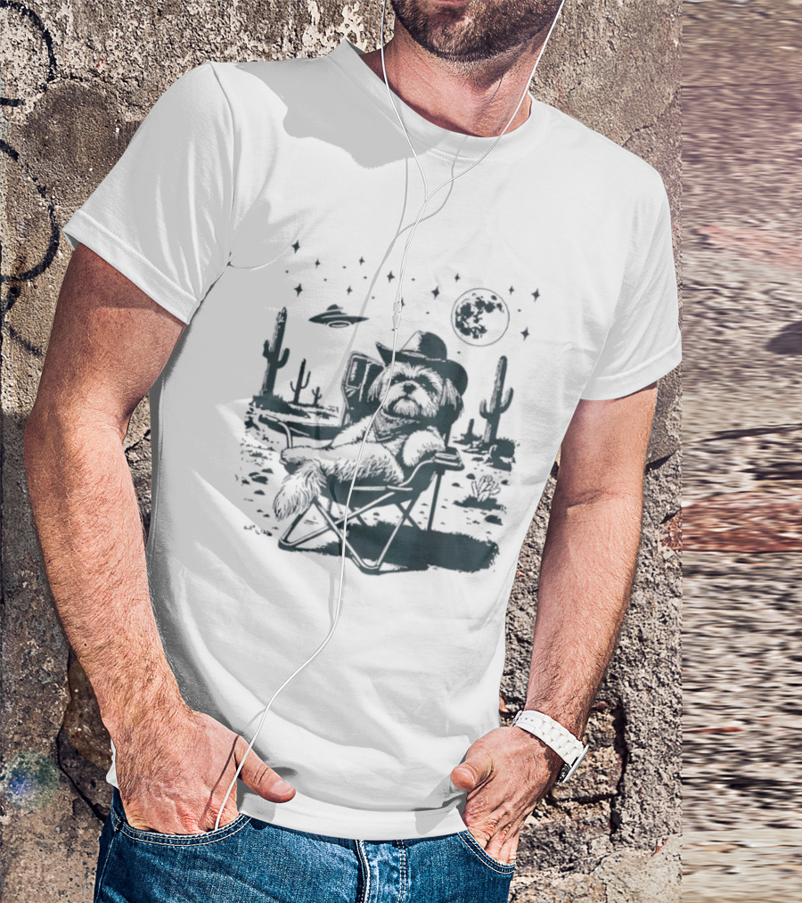 Shih Tzu Cowboys UFO Western Desert Scene Cactus Moon Stars T-Shirt