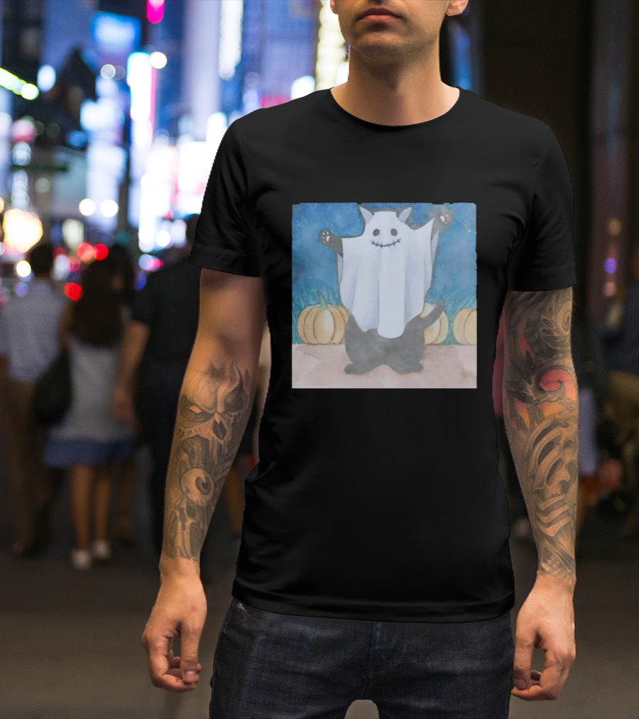 Spooky Black Cat In Ghost Costume With Pumpkins Halloween T-Shirt