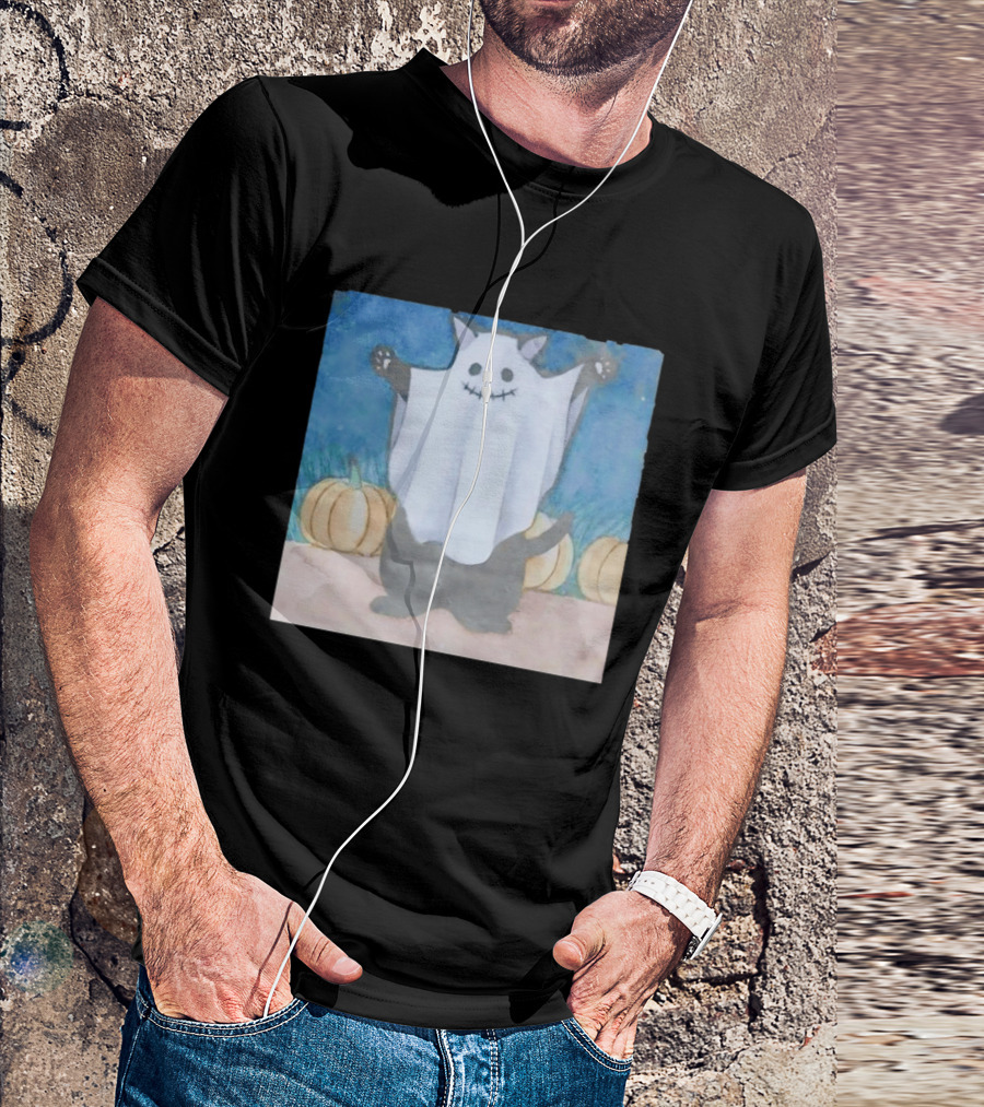Spooky Black Cat In Ghost Costume With Pumpkins Halloween T-Shirt