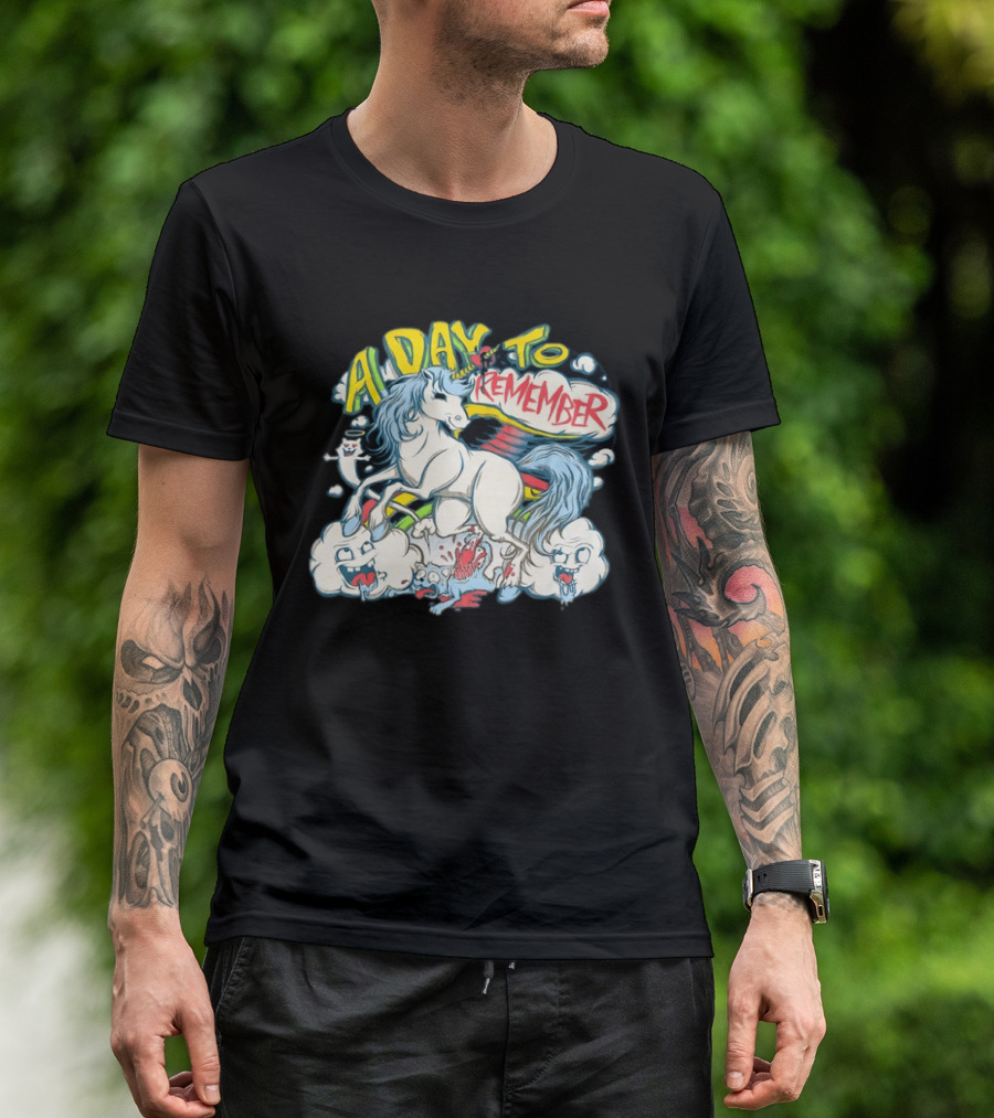 A Day To Remember Unicorn With Colorful Clouds And Characters T-Shirt