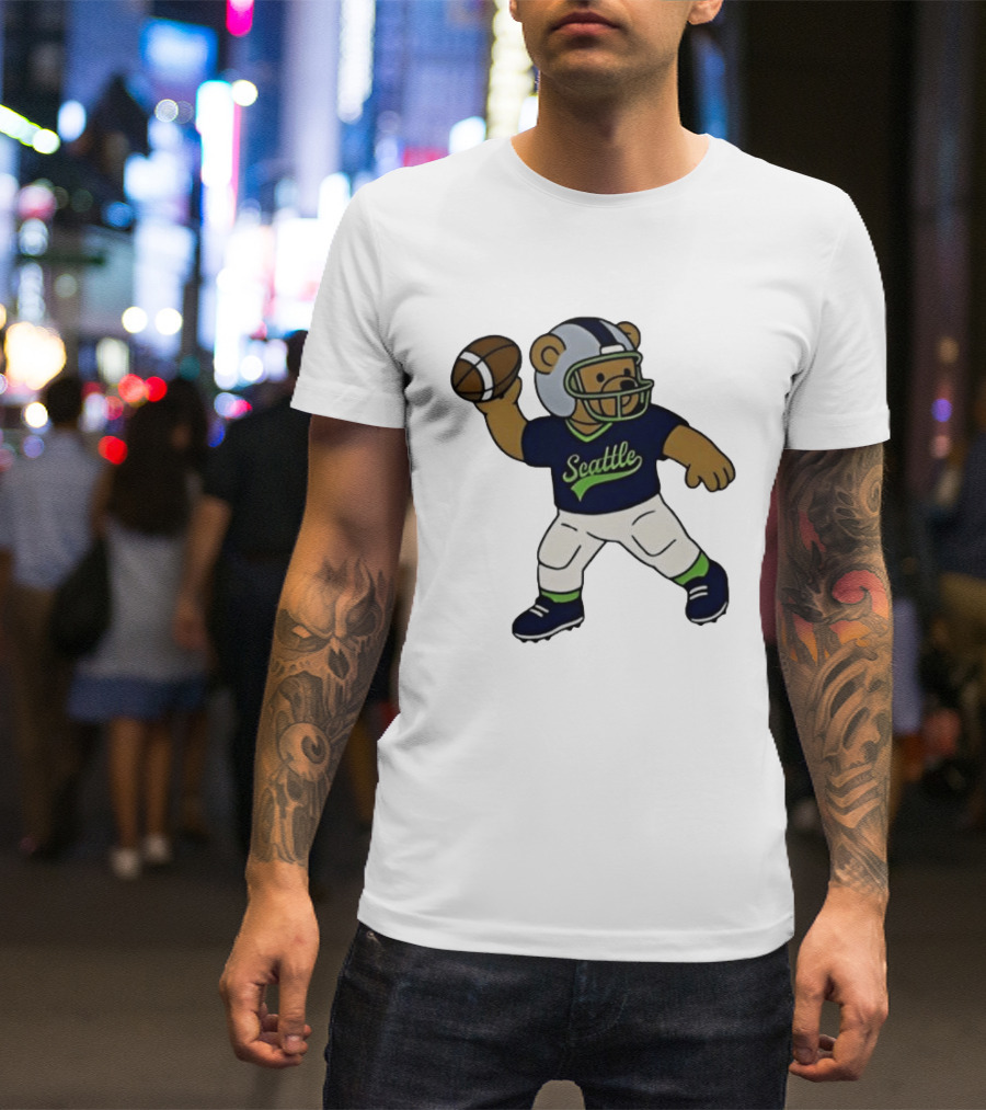 Teddy Bear Football Player Throwing Ball Seattle T-Shirt
