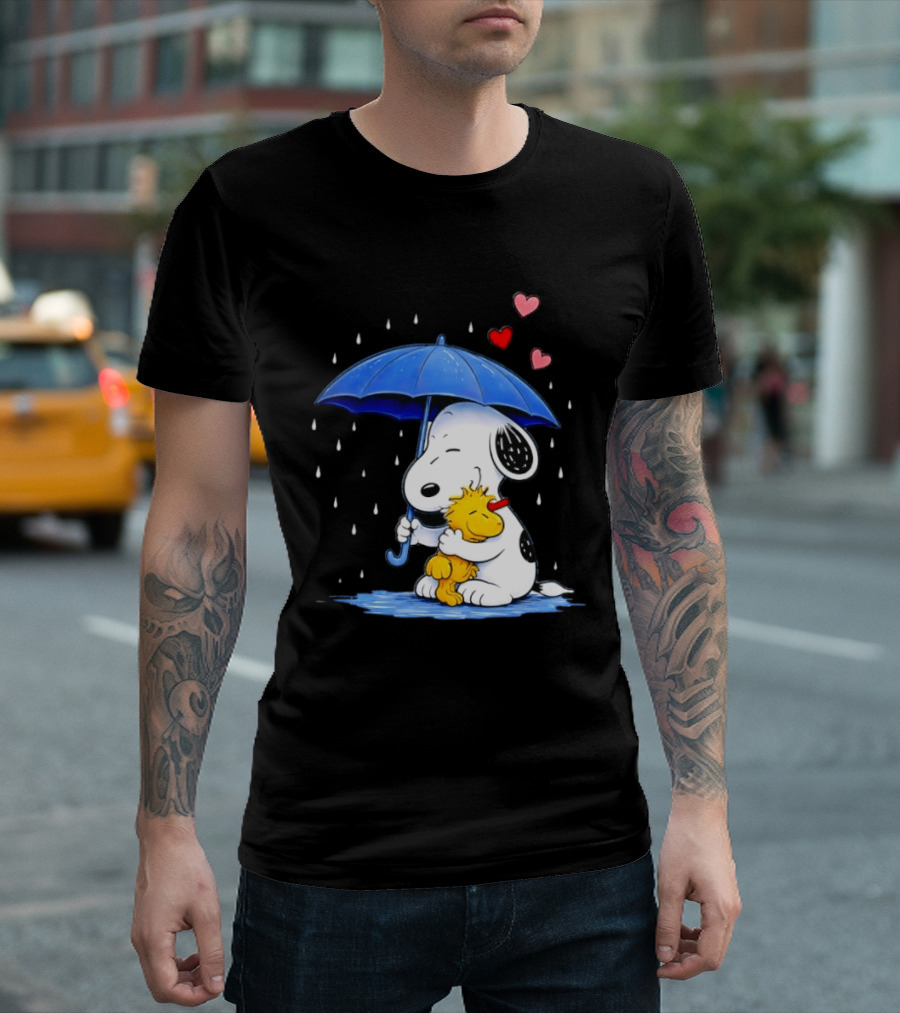 Snoopy Woodstock Umbrella Hearts Rain Hugging T-Shirt