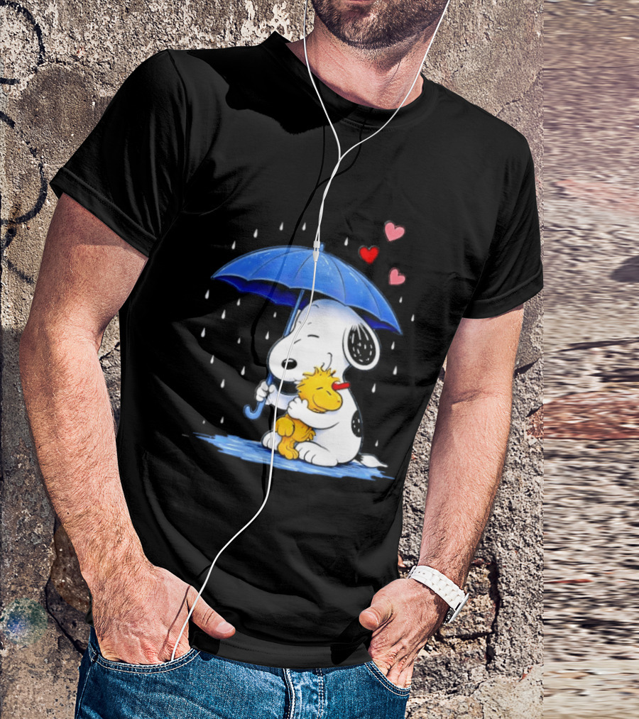 Snoopy Woodstock Umbrella Hearts Rain Hugging T-Shirt