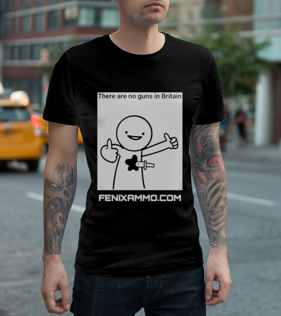 There Are No Guns In Britain Fenixammo Com Happy Character With Gun Hand Gesture T-Shirt