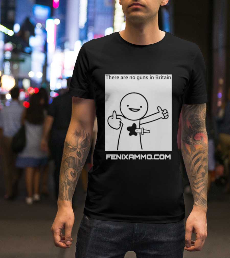 There Are No Guns In Britain Fenixammo Com Happy Character With Gun Hand Gesture T-Shirt
