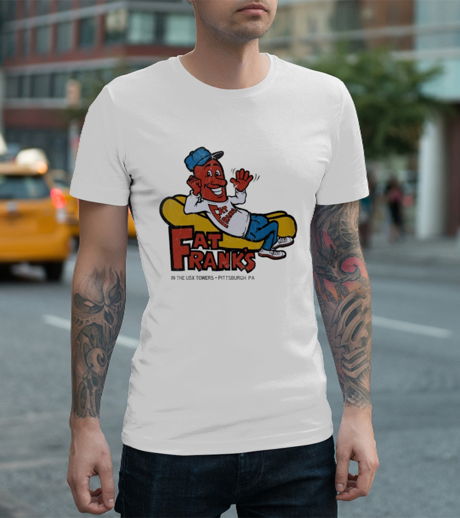 Fat Frank's In The USX Towers Pittsburgh PA Hot Dogs Retro Cartoon T-Shirt