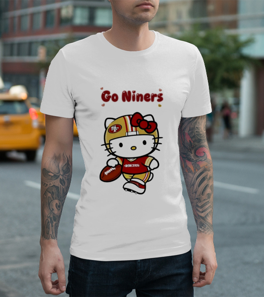Go Niners SF Oval Gold Helmet Jersey Hello Kitty Football Bow T-Shirt