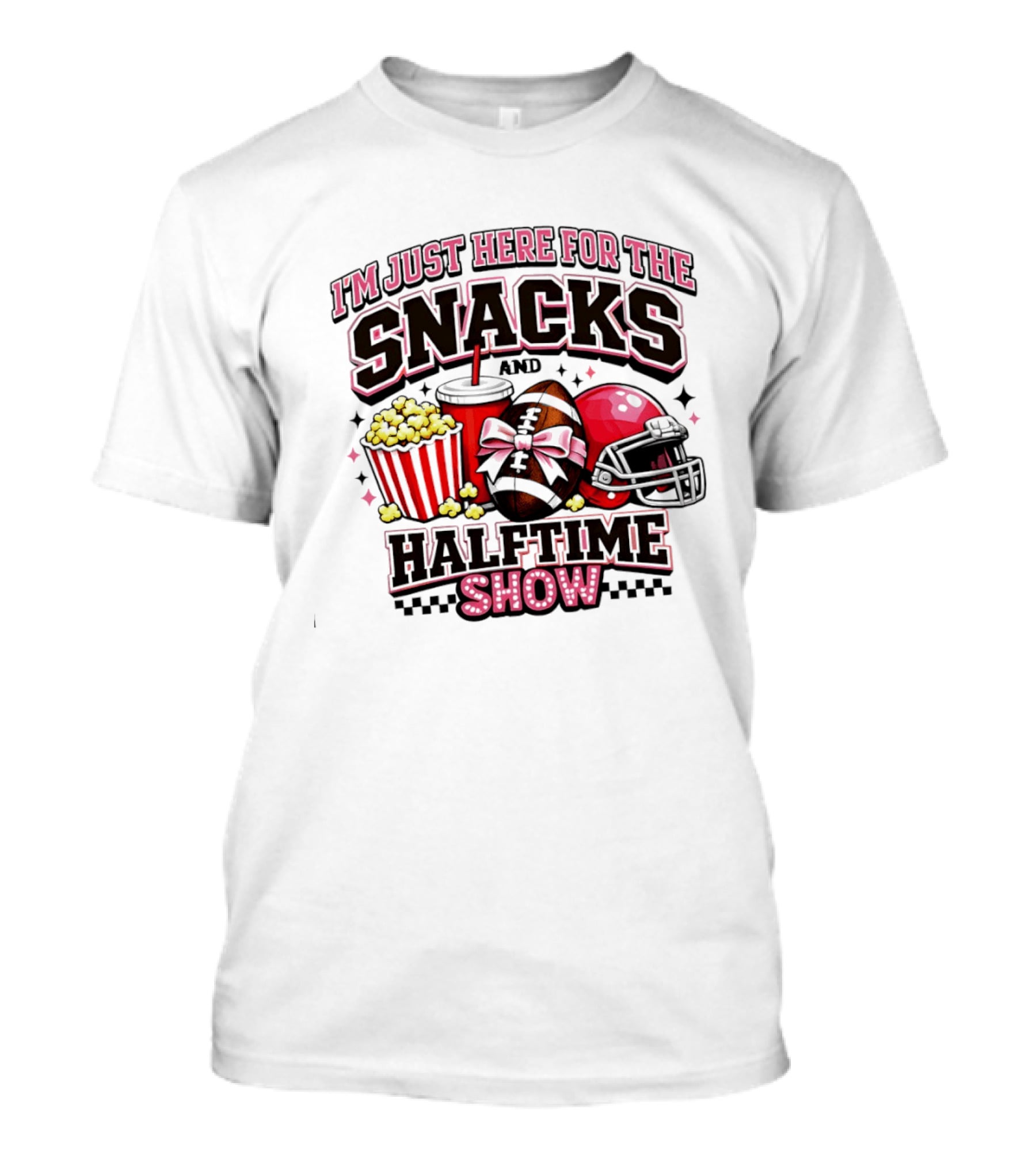 I'm Just Here For The Snacks And Halftime Show Football Popcorn Pink Coquette T-Shirt