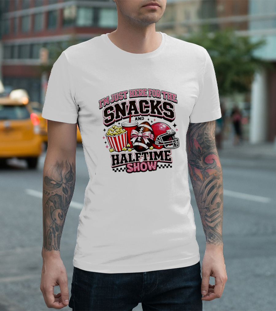 I'm Just Here For The Snacks And Halftime Show Football Popcorn Pink Coquette T-Shirt