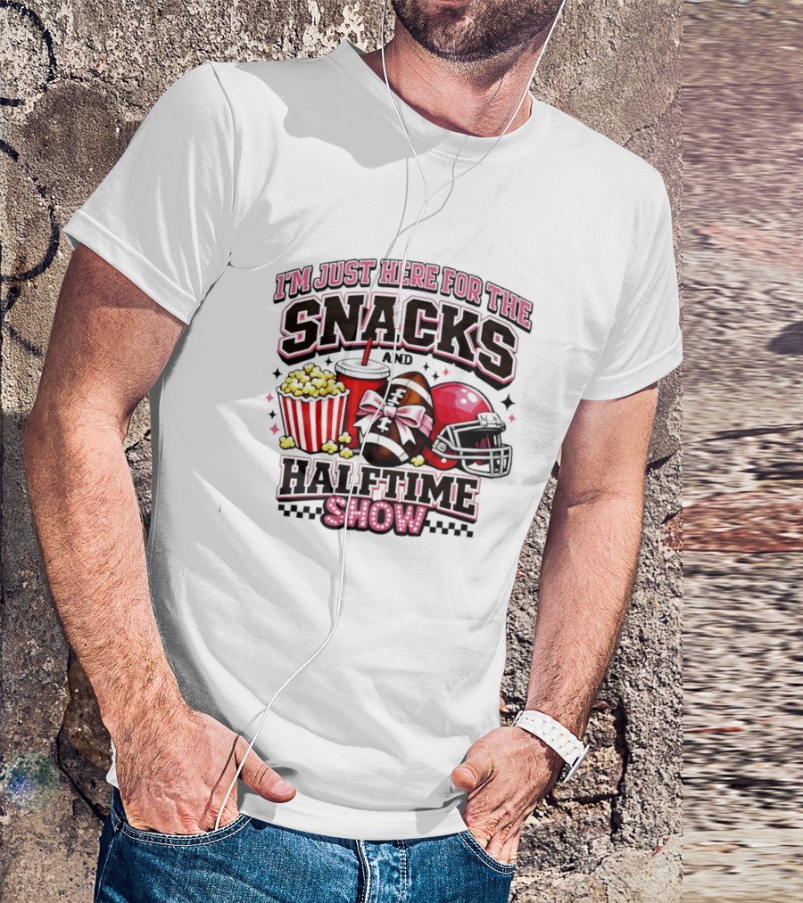 I'm Just Here For The Snacks And Halftime Show Football Popcorn Pink Coquette T-Shirt