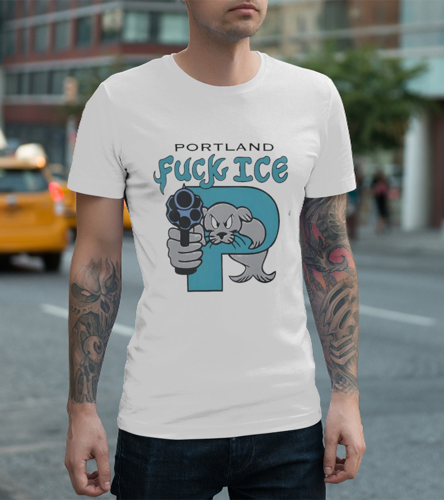 Portland Fuck ICE Seal Holding Revolver Protest T-Shirt