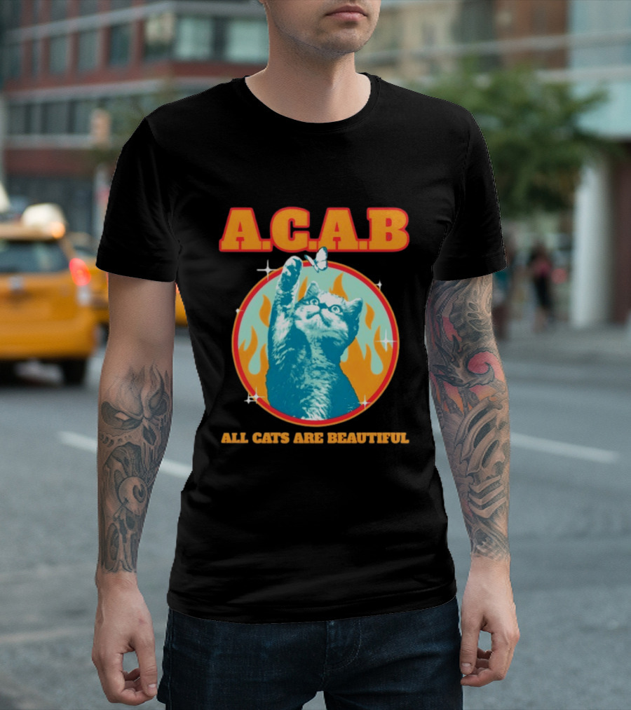 A.C.A.B Cat With Butterfly And Flames T-Shirt