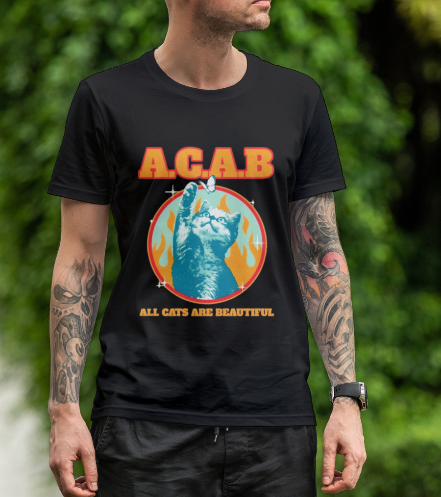 A.C.A.B Cat With Butterfly And Flames T-Shirt