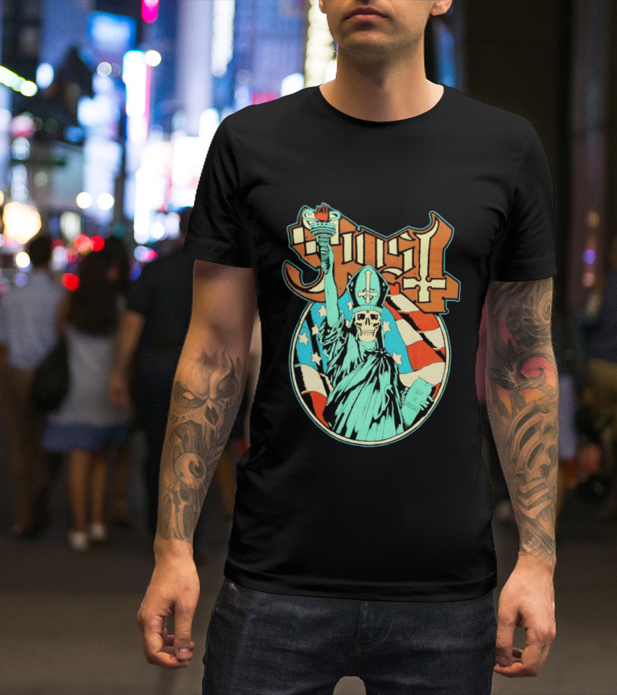 Ghost Statue Of Liberty Skeleton Torch Metal Band T-Shirt