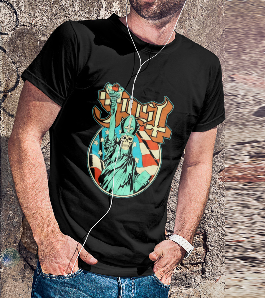 Ghost Statue Of Liberty Skeleton Torch Metal Band T-Shirt