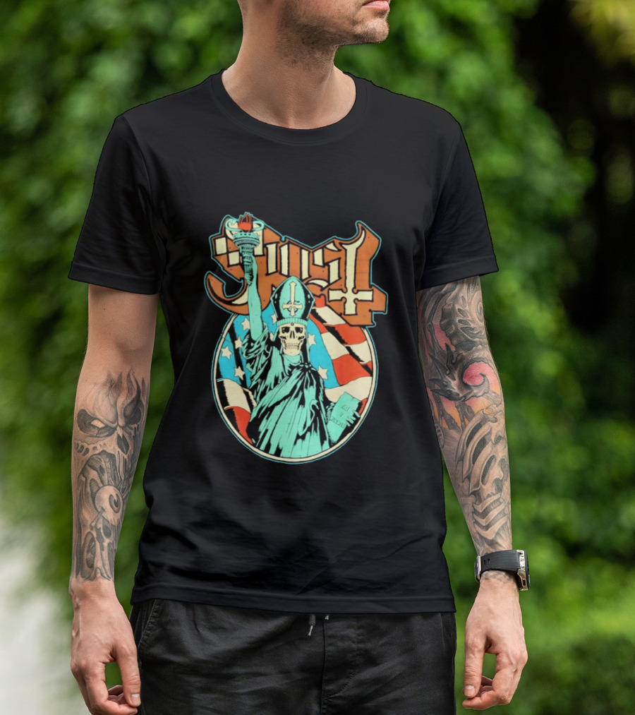 Ghost Statue Of Liberty Skeleton Torch Metal Band T-Shirt