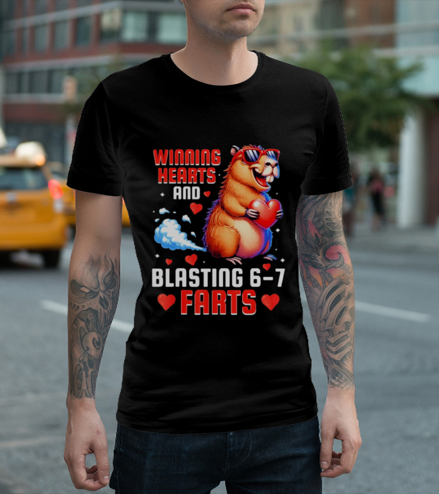 Winning Hearts And Blasting 6 7 Farts Capybara Valentine's Day T-Shirt