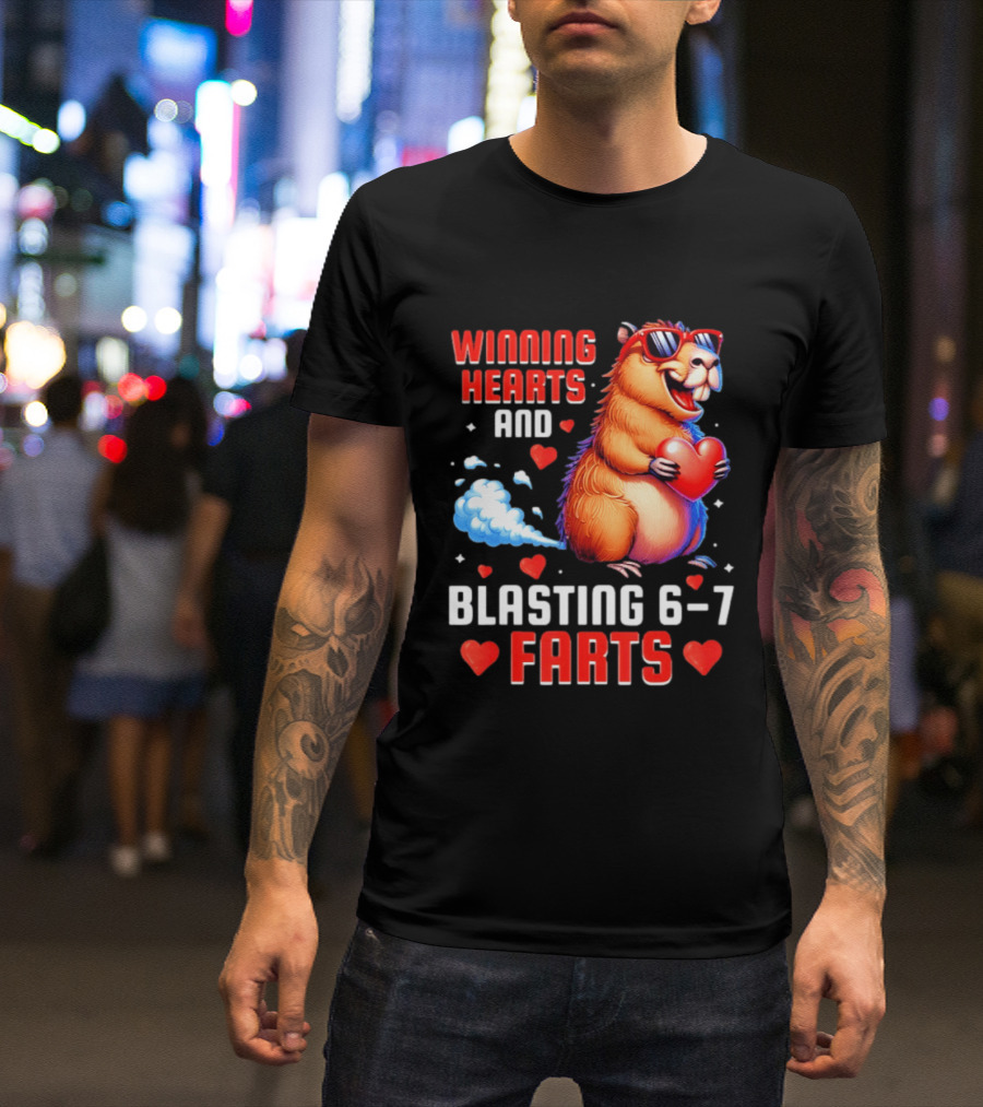 Winning Hearts And Blasting 6 7 Farts Capybara Valentine's Day T-Shirt
