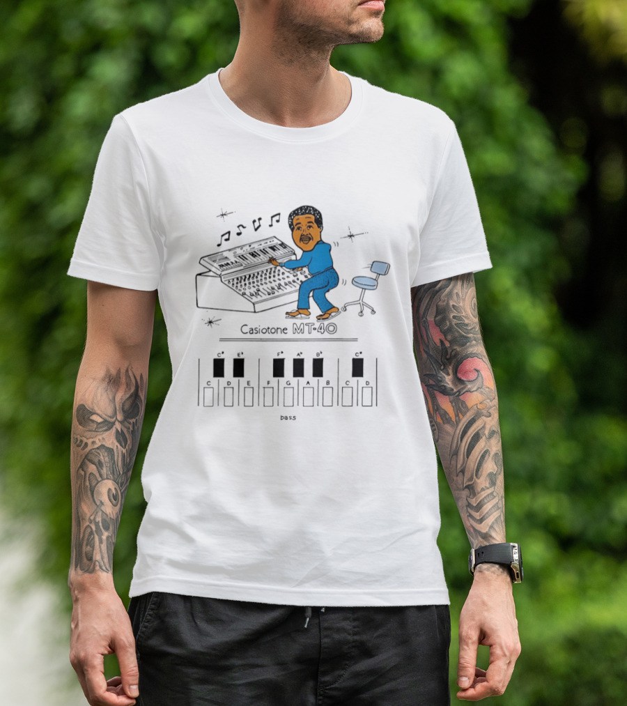 Casiotone MT 40 Vintage Cartoon Musician With Keyboard Notes And Rhythm T-Shirt