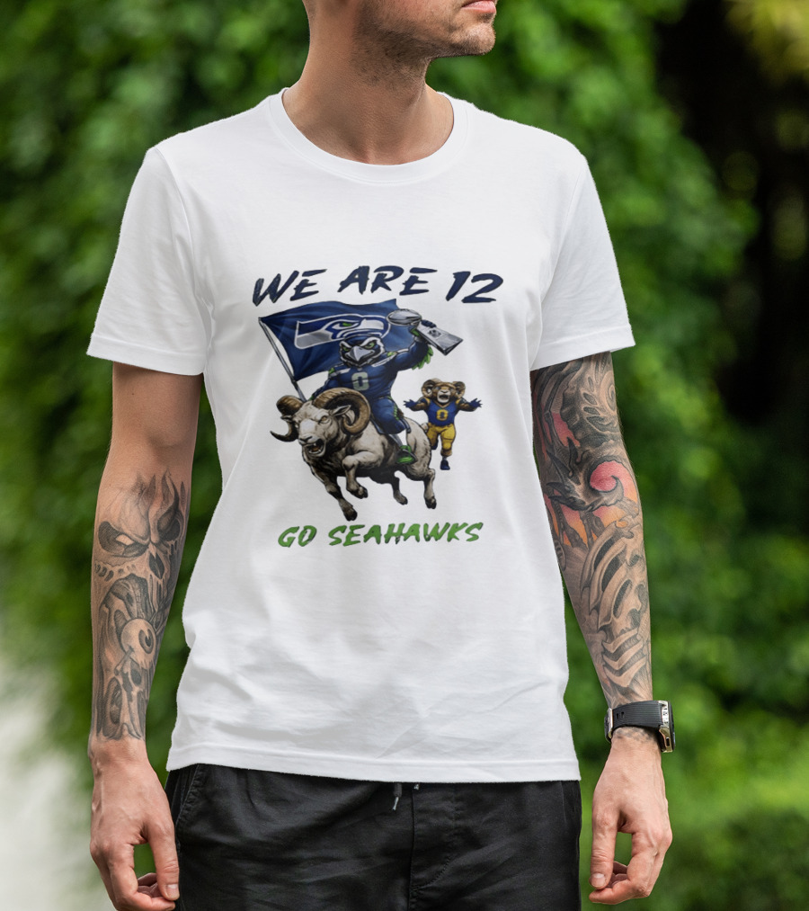 We Are 12 Go Seahawks Riding Goat With Seahawks Flag T-Shirt