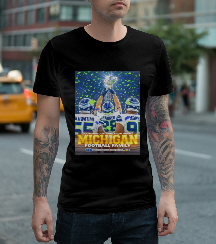 Congratulations Oluwatimi Barner Morr Seattle Seahawks Trophy From Your Michigan Football Family T-Shirt