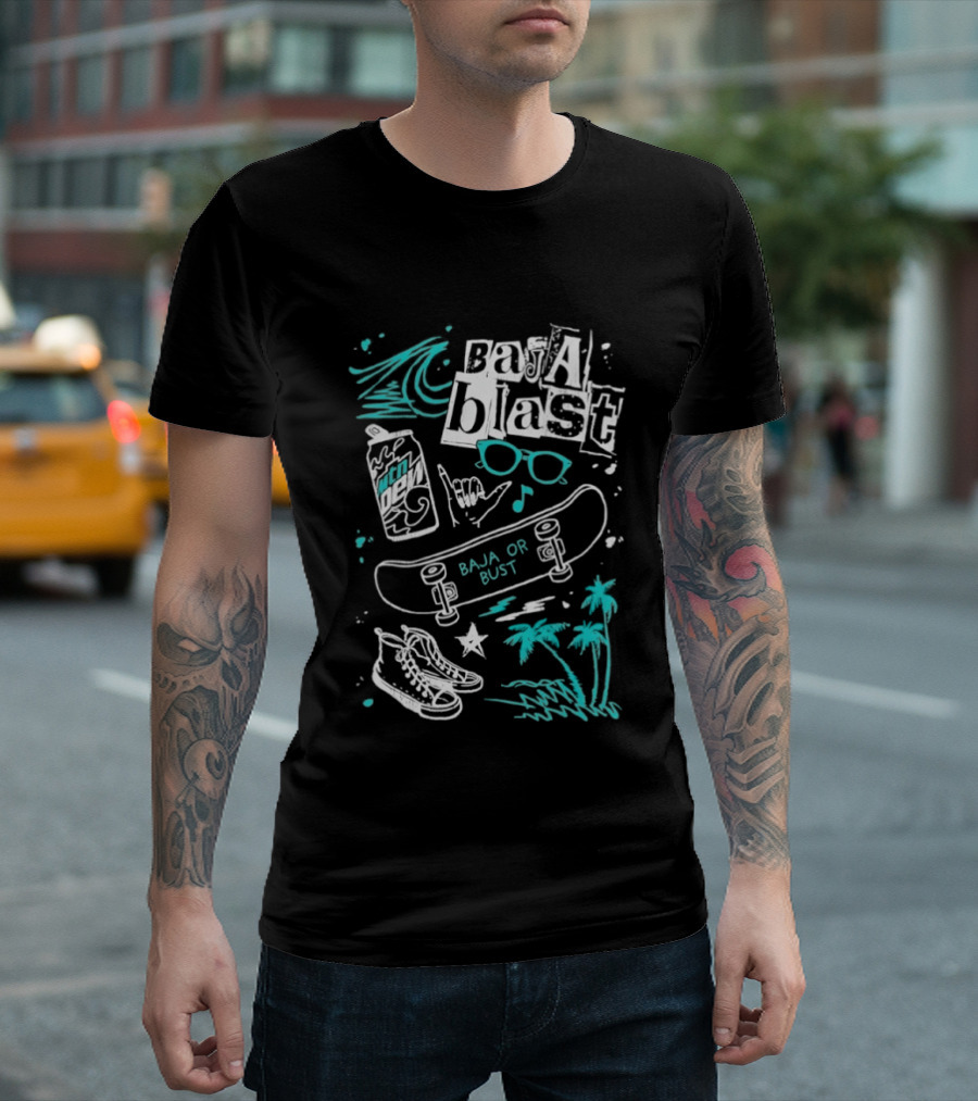 Mountain Dew Baja Blast Skateboard Surf Vibes Ocean Palms Adventure T-Shirt