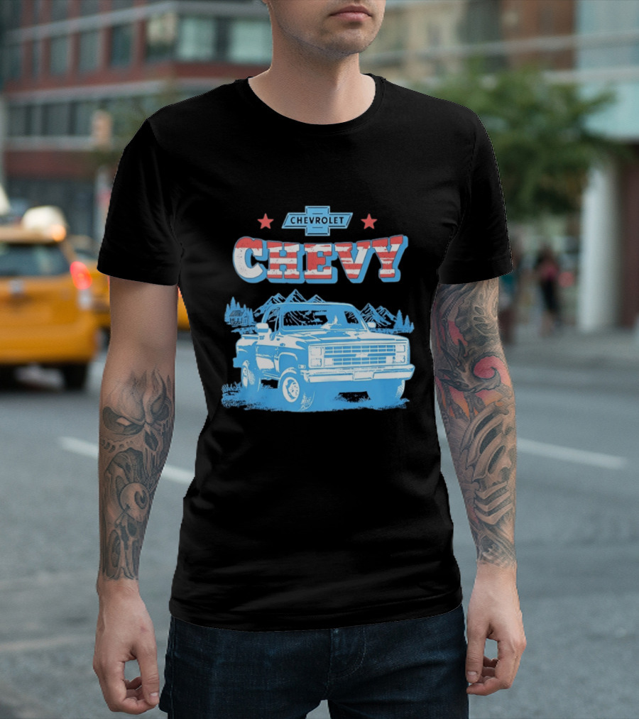 Chevy Chevrolet Truck Vintage Stars And Stripes Retro Mountain Scene T-Shirt