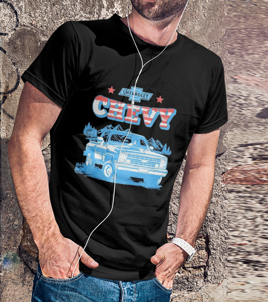 Chevy Chevrolet Truck Vintage Stars And Stripes Retro Mountain Scene T-Shirt