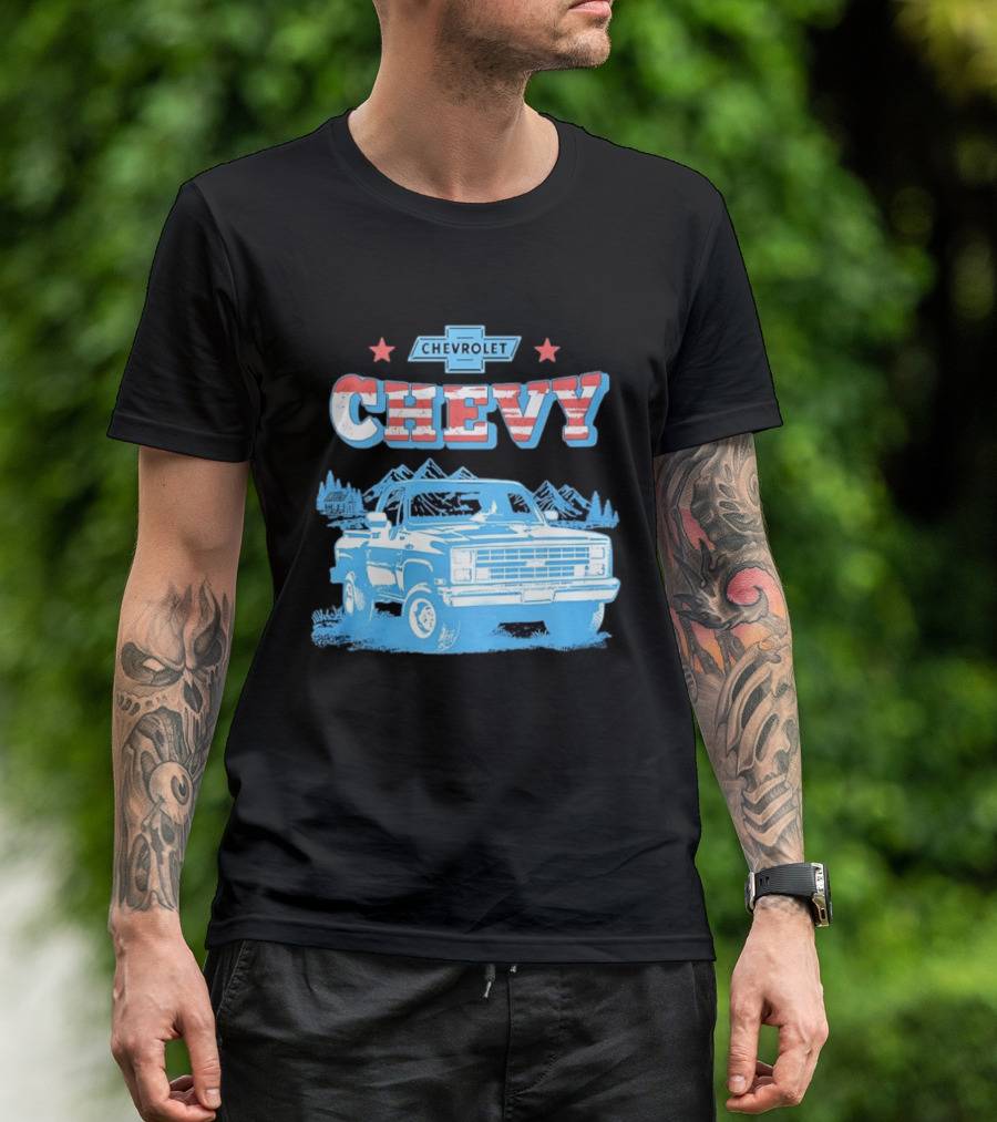 Chevy Chevrolet Truck Vintage Stars And Stripes Retro Mountain Scene T-Shirt
